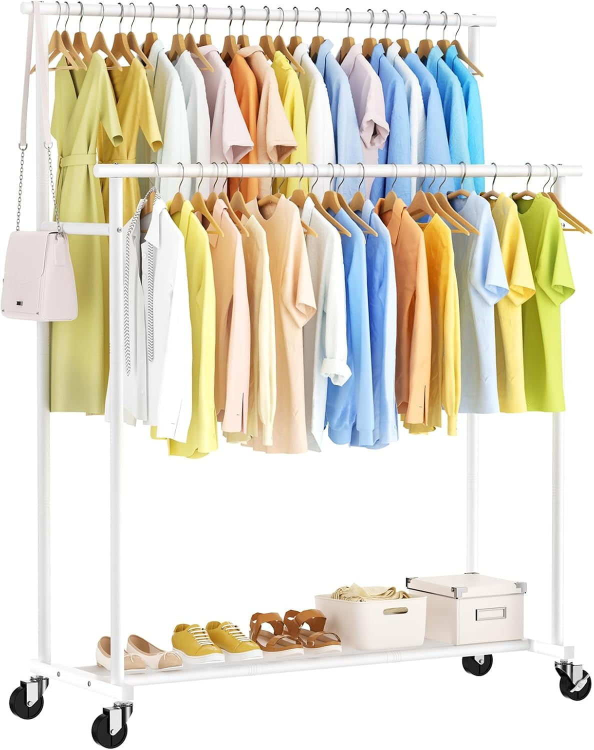Double Rods Clothes Rack, White Rolling Clothing Racks for Hanging ...