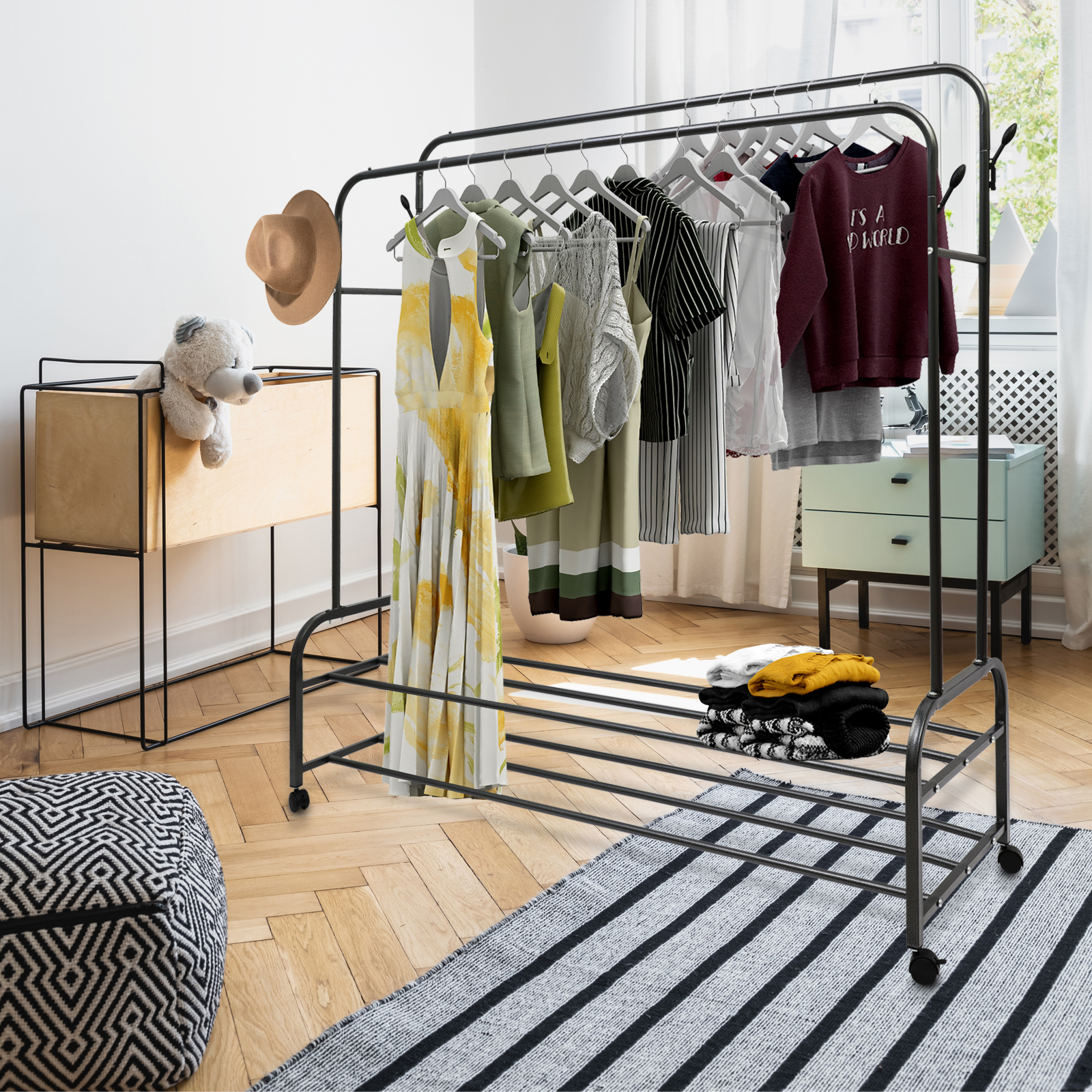 Double Rods Clothes Rack With Wheels, Portable Clothing Rack With Shelves & Hooks, Heavy Duty Garment Racks for Hanging Clothes, Multi-Functional Closet Rack for Bedroom, Black