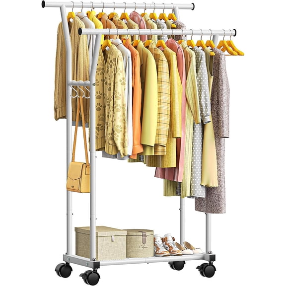 Double Rods Clothes Rack for Clothes, Rolling Clothing Rack with Side Hooks, Bottom Shelves, 360? Wheels, Garment Racks for , Laundry, Room, White