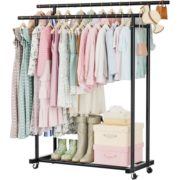 Double Rods Clothes Rack for Hanging Clothes, Clothing with Wheels, Portable Closet Organizer Laundry, Room (Black
