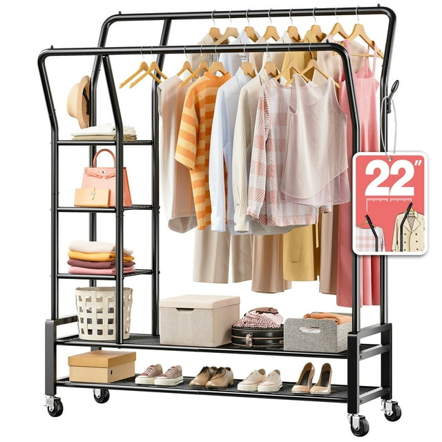 Heavy Duty Double Rods Clothes Rack with Wheels, Portable Wardrobe