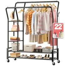 Double Rods Clothes Rack for Hanging Clothes, Heavy Duty Clothing Rack with Wheels, Portable Freestanding Wardrobe Organizers and Storage for Bedroom