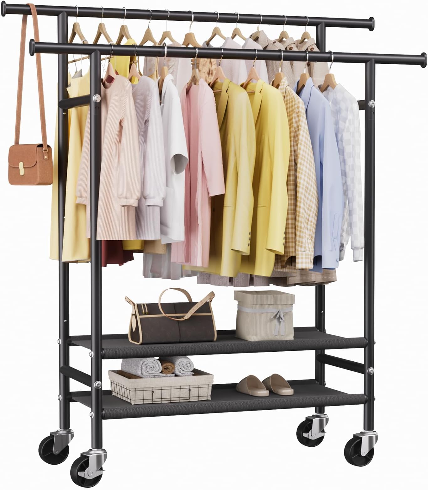 Double Rods Clothes Racks , Rolling Clothing Rack for Clothes with ...