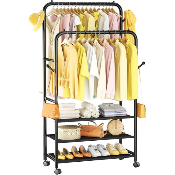 Double Rods Clothing Garment Rack with Wheels and 3-Tier Storage Shelf, Clothes Rack for Hanging Clothes with 4 Hooks, Portable Closet Wardrobe Organizer for Bedroom, Living Room, Black