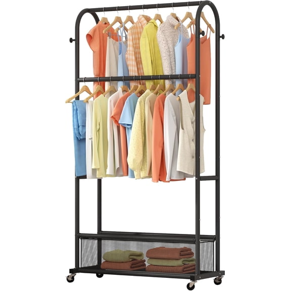 Double Rods Clothing Rack with Wheels,Clothing Organizer for Hanging Clothes Coat Scarves Bags,Multi-functional Bedroom Garment Rack,4 Hooks,Black