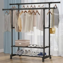 Double Rods Clothing Rack with Wheels and 2-Tier Storage Shelf, Portable Garment Rack Wardrobe Organizer for Bedroom/Living Room, Black