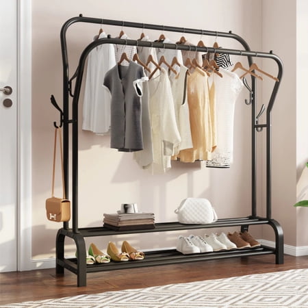 Double Rods Garment Rack Clothing Hanging Rack, Metal Freestanding Cloth Stand with 8 Hangers and 2 ShelvesHeavy Duty Garment Rack for Display and Storage, Black