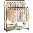 thumbnail image 1 of Double Rods Garment Rack with Wheels, Clothing Rack for Hanging Clothes,4 Hooks, Multi-functional Bedroom Clothes Rack, Black, 1 of 9
