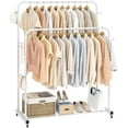 thumbnail image 1 of Double Rods Garment Rack with Wheels, Clothing Rack for Hanging Clothes,4 Hooks, Multi-functional Bedroom Clothes Rack, Black, 1 of 18