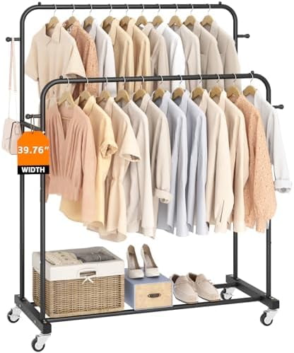 Double Rods Garment Rack with Wheels, Clothing Rack for Hanging Clothes ...