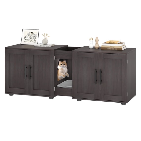 Double-Room Hidden Litter Box Enclosure Furniture & TV Stand – 55" Wooden Cat Litter Cabinet for 2 Cats – Hickory/Gray Finish – Waterproof, Easy-Clean, Storage