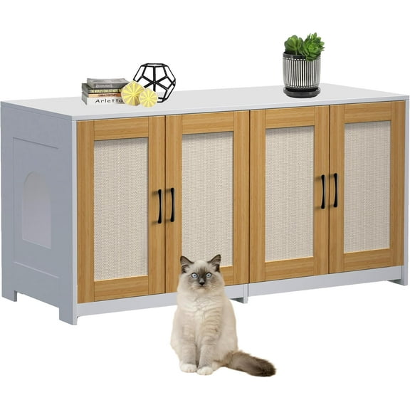 Double Room Litter Box Enclosure For 2 Cats, 47.2" Large Wood Hidden Litter Box Furniture For 2 Boxes with Sisal Doors and Sliding Drawers, Indoor Cat House TV Stand White