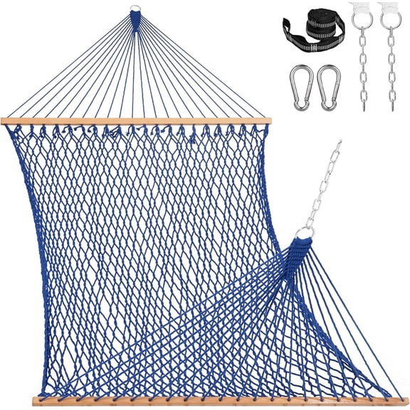 Double Rope Hammocks, 2 Person Hand Woven Cotton Hammock with Spreader Bar for Outside, Patio, Poolside,