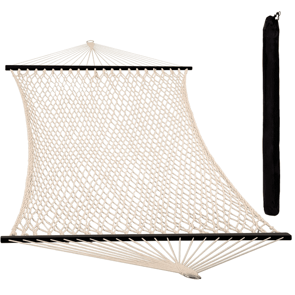 Double Rope Hammocks, Traditional Hand Woven Cotton Hammock with Hardwood Spreader Bar and Carrying Case for Outdoor Relaxation