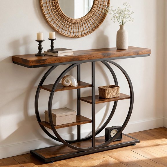 Double Round Frame Storage Shelf, 41.3in Multi-Tier Rustic Wood Display Rack, Freestanding Decor Organizer Stand for Living Room Bedroom Balcony Plant & Ornament Storage