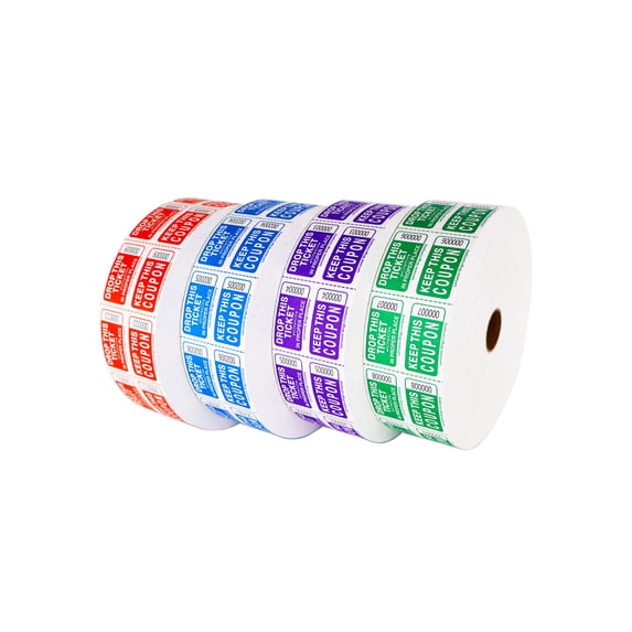 Double Row 2,000 Tickets/roll White Bristol Paper w/Color Ink 4 pk