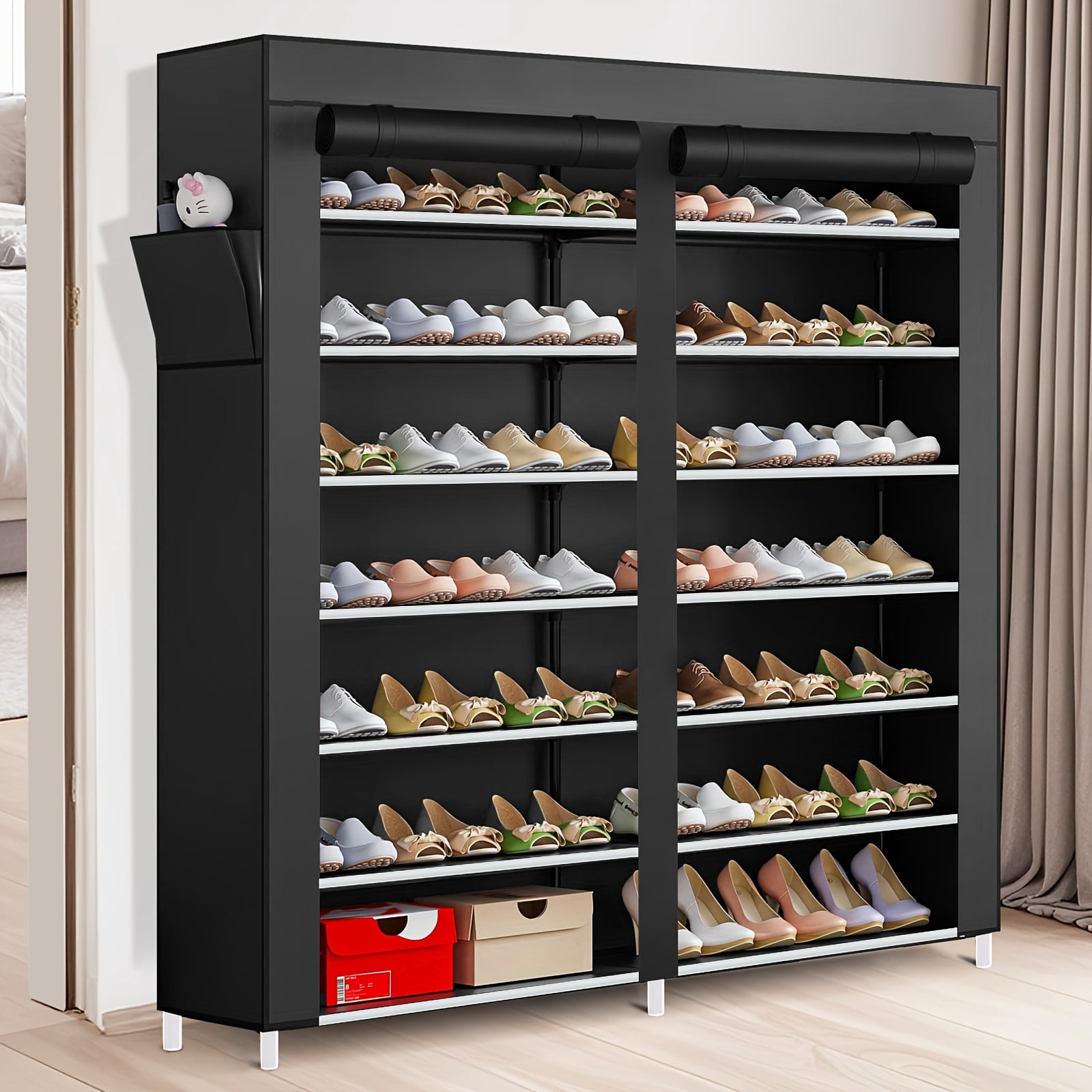 Double Row 7-Tier Shoe Rack with Dust Cover, Space-Saving Large Capacity Shoe Storage Cabinet, Easy Assemble Portable Organizer for Entryway, Home, Dorm