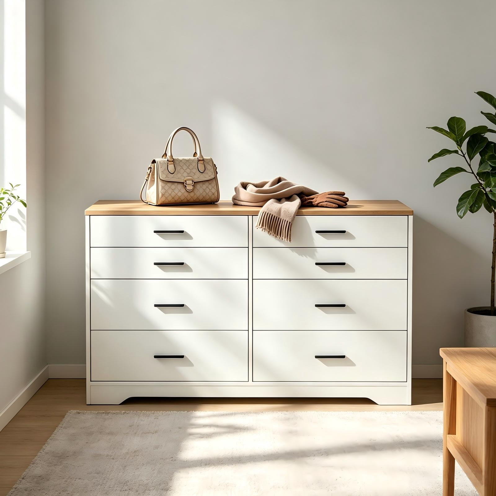 Double-Row 8-Drawer Storage Cabinet, Particleboard with Melamine-Coated Drawers, 55.91 x 17.72 x 32.28 in, Brown & White