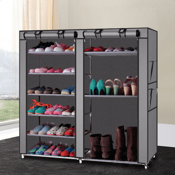 Double Row 9-Cube Shoe Rack, Gray Metal & Fabric Storage Organizer, 42.1" L x 11" W x 44.1" H, Easy Assembly 9-Compartment Shelf for Entryway, Closet, Hallway