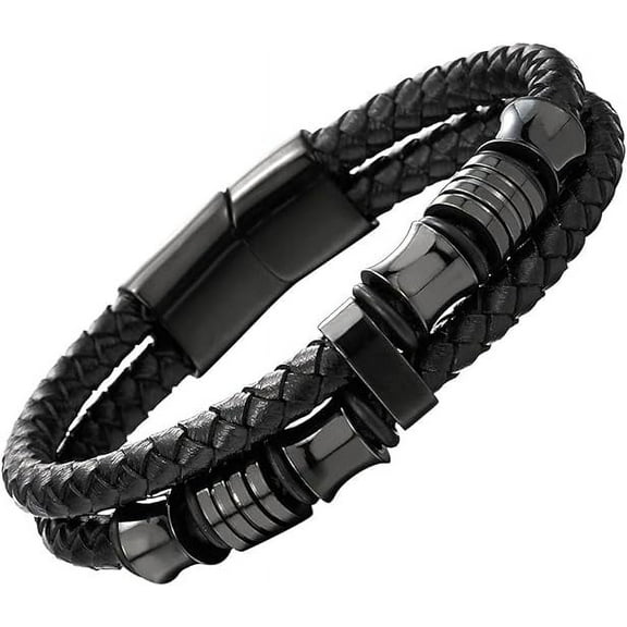 Double-Row Braided Leather Bracelet with Stainless Steel Ornaments for Men ,8.27 inch - Yomhary