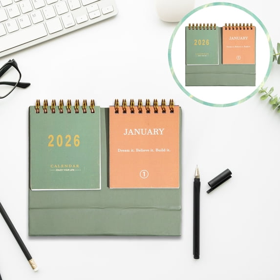Double-Row Desk Calendar 2026 Monthly Calendar with Motivational Quotes - (Jan 2026-Dec 2026), Twin-Wire Binding, for Home/Office, Green