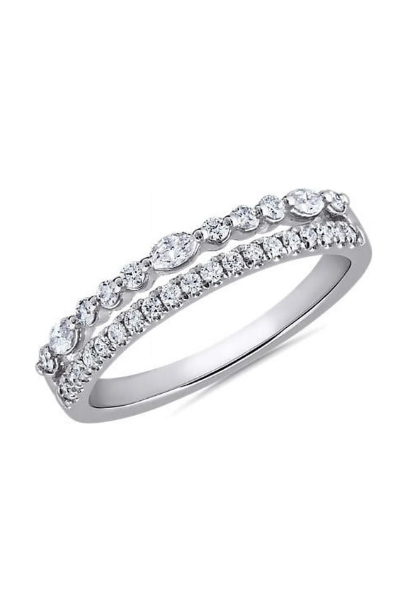 Double Row Diamond Band, Half Eternity Diamond Wedding Band, Pave Set Stackable Band, 14K White Gold Plated, 2.1 Ct Simulated Diamond