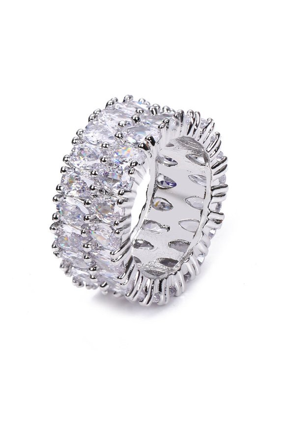 Women's Silver Plated Ring with Full Zircon Double Row Dazzling Design Fashion Jewelry for Her Elegant Platinum Finish Copper Ring for Women