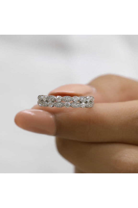 Double Row Half Eternity Band, Round Cut Lab Grown Diamond Band, Milgrain-Tapered Pave Band, Wedding Band for Her, Matching-Stackable Band