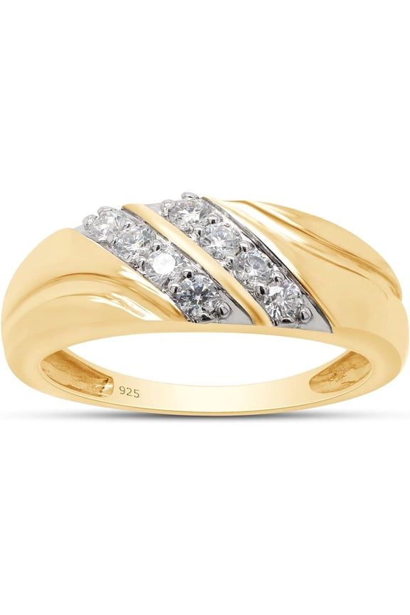 Double Row Men's Wedding Anniversary Band Ring In 14k Yellow Gold Over 925 Sterling Silver Men Jewelry