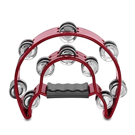 Double Row Tambourine Half Moon Metal Musical Jingles Tambourine Hand Held (Red)