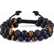 Double Row Tiger Eye & Lava Rock Beaded Bracelet for Men, Adjustable Braided Bracelet for Energy Balance