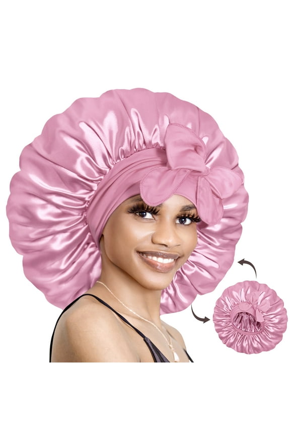 Double Satin Reversible Women's Large Silk Bonnet Nightcap with Tie Band Light Rose Gold
