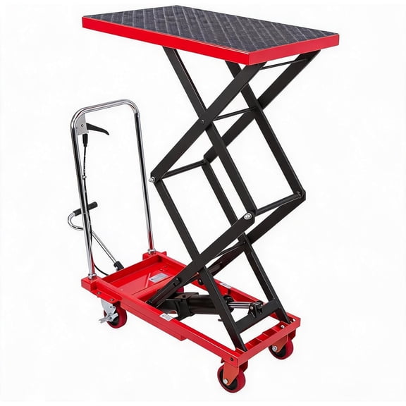 Double Scissor Hydraulic Lift Table Cart 330 lbs Capacity 50 In Lift Height Manual Elevating Work Cart with PU Wheels and Non-Slip Platform Red