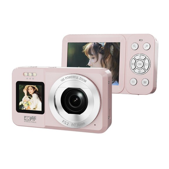 Double Screen 4K Video Camera 64MP 18X Digital Zoom Portable Camera Pink for Teens School Activity Travel
