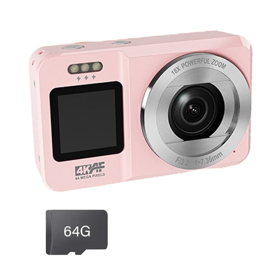 Double Screen 4K Video Camera 64MP 18X Digital Zoom Portable Camera Pink for Teens School Activity Travel