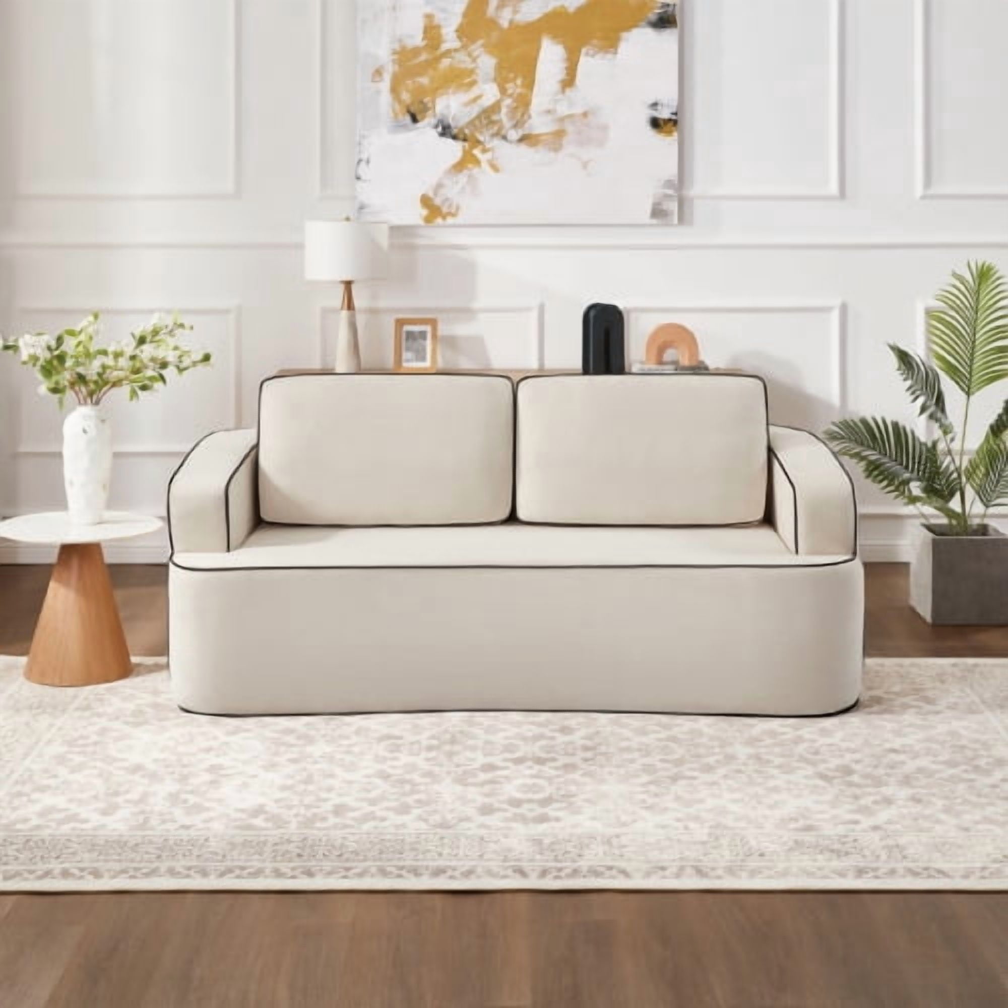 Double Seat Sofa with Integrated Handrail, Space Saving Loveseat for Studio Apartment, Small Living Room, Bedroom, No Assembly Required, Alabaster