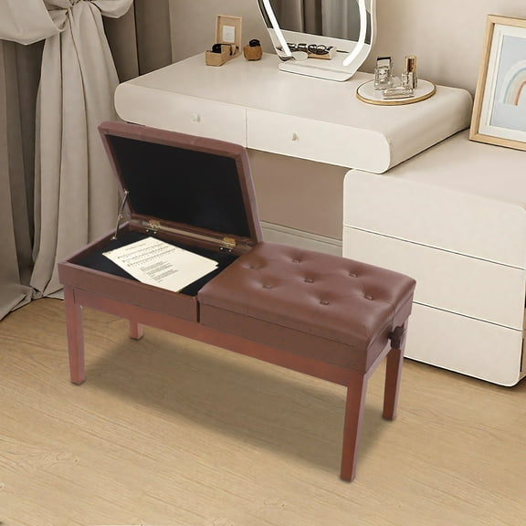 Double Seater Piano Bench Adjustable Duet Piano Bench Piano Bench W/Storage Box Brown