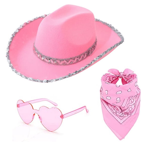 Double Sequin Wrapped Western Cowboy Hat 3 Piece Set, Includes Glasses and Silk Scarf, Cowboy Style Accessories, Rodeo, Party