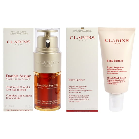 Clarins Double Serum Complete Age Control Concentrate and Body Partner Stretch Mark Expert Kit , 2 Pc Kit 1oz Serum, 5.8oz Body Lotion