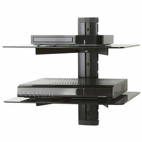Double Shelf AV Accessory Shelving - Black & Black Glass