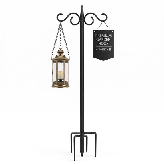 Double Shepherd Hook Stand for Garden, 76 Inch Metal Outdoor Hanging Plant Hook with 5-Prong Ground Base, Scroll Style Hanger for Lanterns, Bird Feeders, Wind Chimes and Lawn Decor