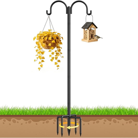 Double Shepherd Hooks for Outdoor 92 Inch Bird Feeder Pole with 5 Prong Base 18.3 inches Wide Shepherds Hook for Bird Feeder Heavy Duty Shepherds Hook for Hanging Bird Nest, Plant Baskets