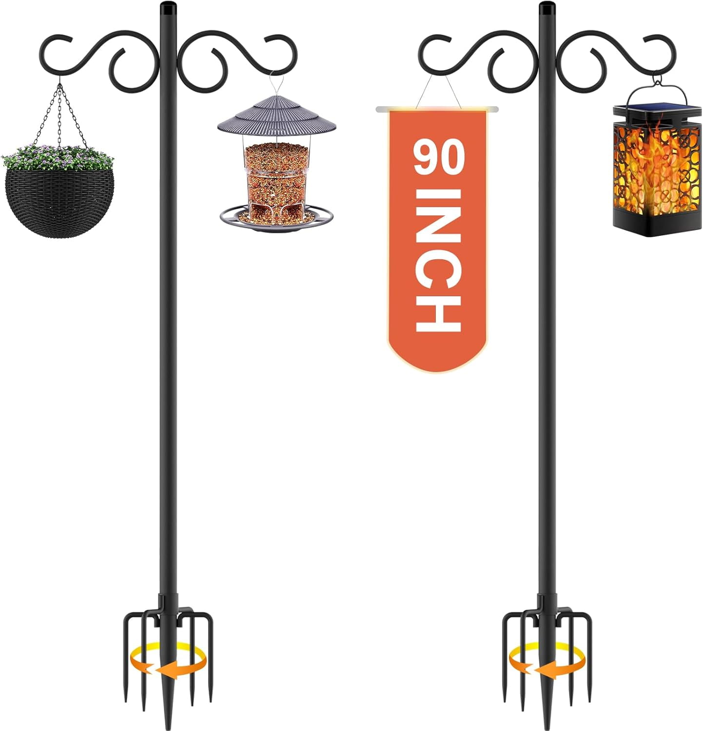 Double Shepherd Hooks for Garden Outdoor, 2 Pack 90 Inch Heavy Duty Pole with 5 Prongs Base, Ideal for Hanging Flower Baskets, Lanterns, Bird Nests