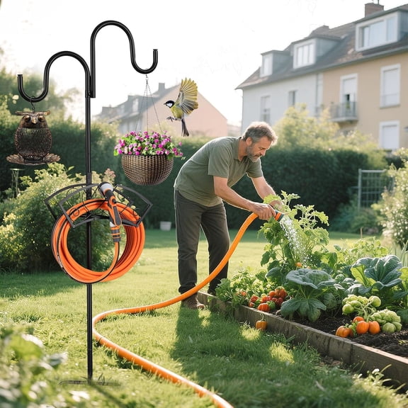 Double Shepherd's Hooks for Outdoor, Upgraded Heavy Duty Bird Feeder Pole, Freestanding Hose Stand Adjustable Water Hose Holder with 5 Prongs Base, Thickened Garden Hooks for Outside Yard Lawn