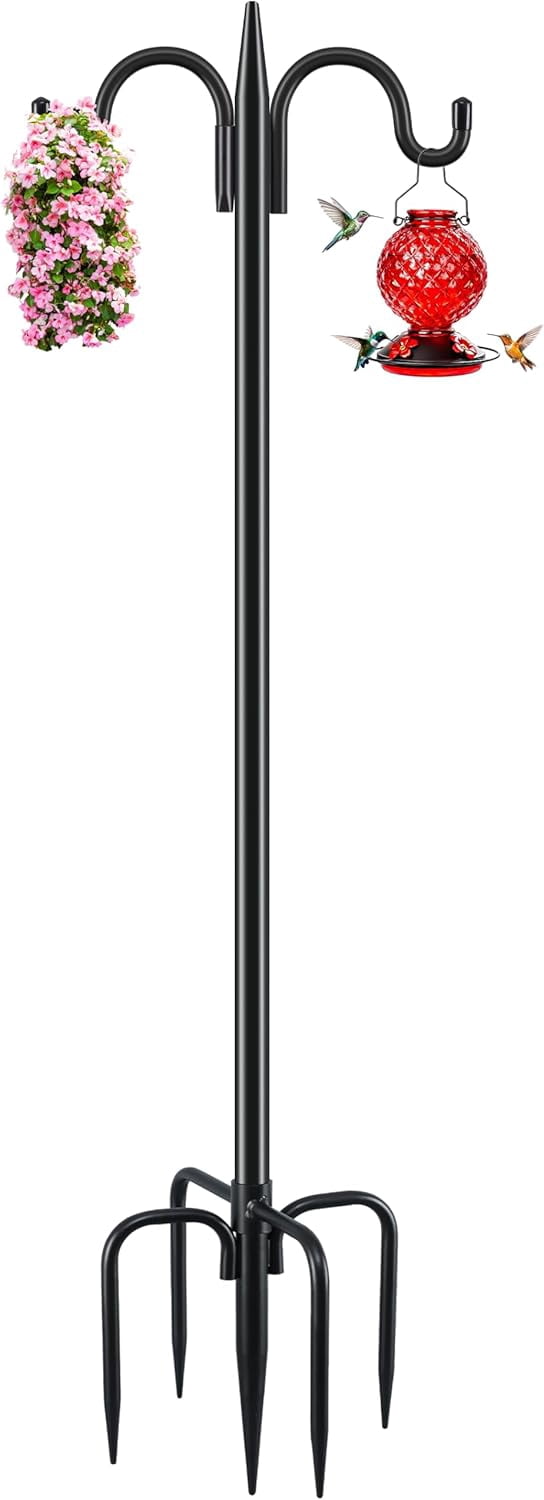 Double Shepherds Hook for Outdoor, 108 Inch Heavy Duty Bird Feeder Pole 3/4 Inch Thick Garden Hooks for Hanging Hummingbird Feeder, Plant Baskets, Solar Light Lanterns, 1 Pack