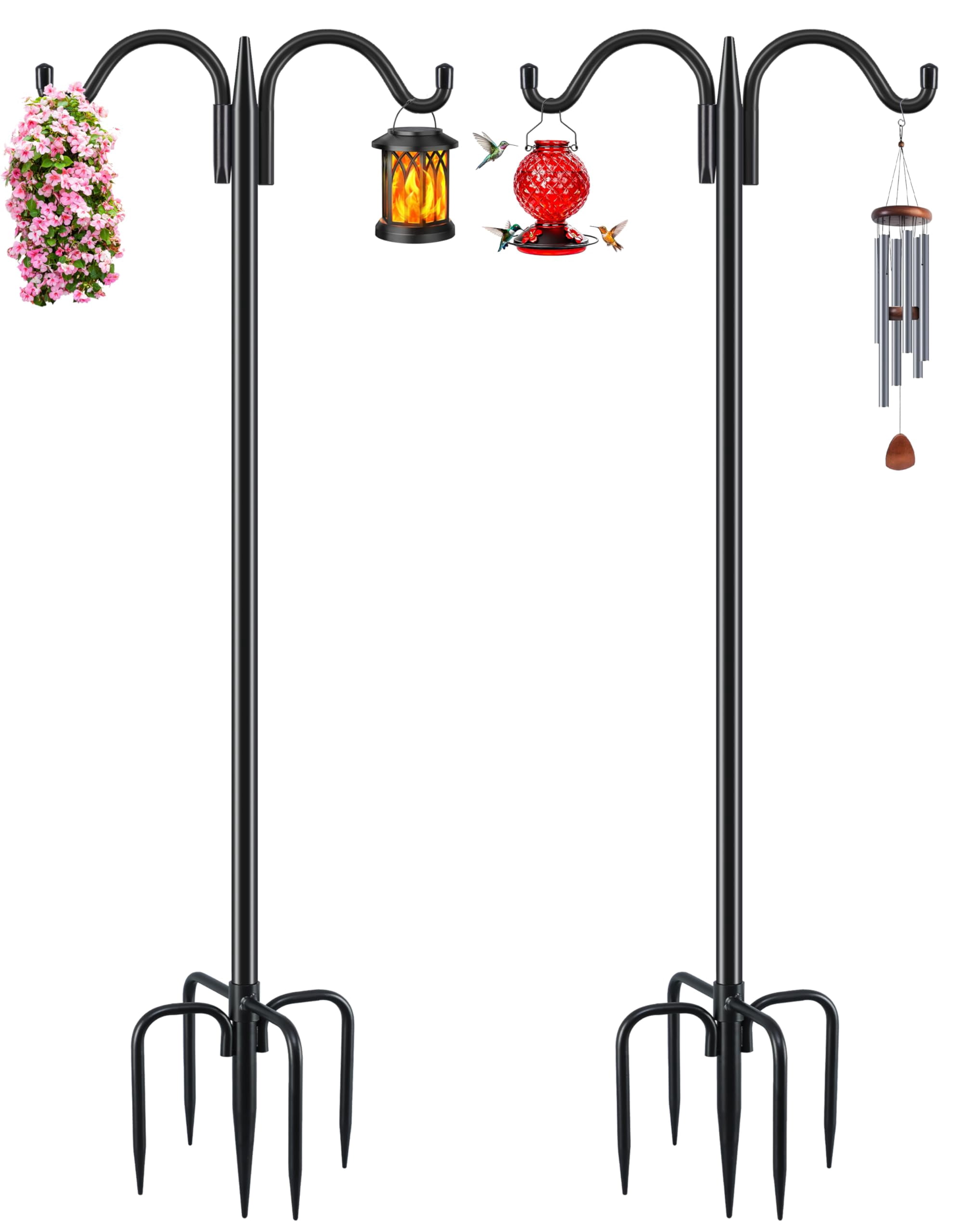Double Shepherds Hook For Outdoor  2 Pack 63 Inch Heavy Duty Bird Feeder Pole 5/8 Thick Garden Hooks Hanging Hummingbird Plant Baskets Solar Light Lanterns