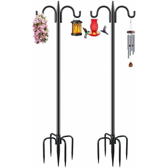 Double Shepherds Hook for Outdoor, 2 Pack 77 Inch Heavy Duty Bird Feeder Pole 3/4 Inch Thick Garden Hooks for Hanging Hummingbird Feeder, Plant Baskets, Solar Light Lanterns
