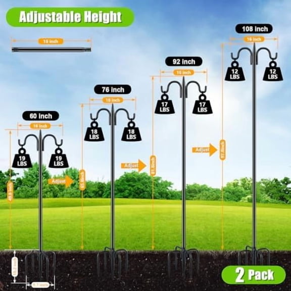 Double Shepherds Hook for Outdoor, 2 Pack 92 Inch Heavy Duty Bird Feeder Pole 3/4 Inch Thick Garden Hooks for Hanging Hummingbird Feeder, Plant Baskets, Solar Light Lanterns