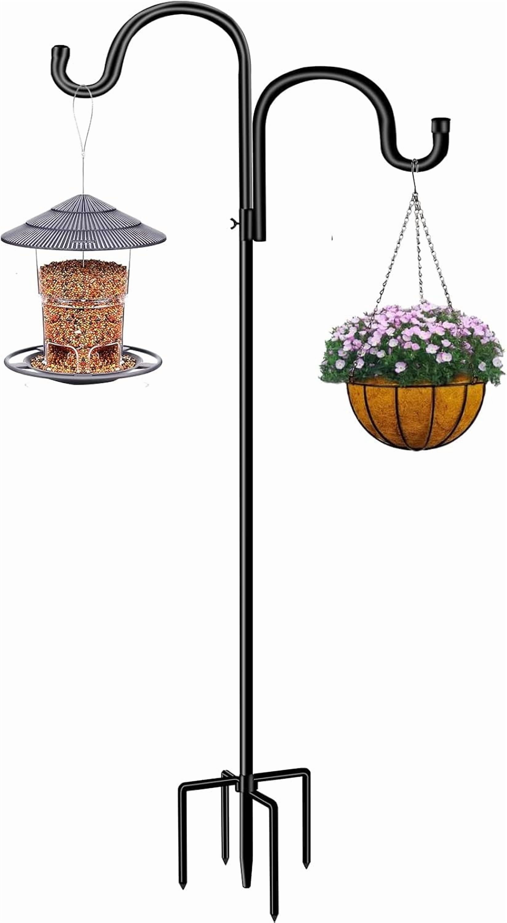 Double Shepherds Hook for Outdoor,62 Inch Bird Feeder Pole with 5 Prongs Base, Heavy Duty Adjustable Garden Hook for Hanging Plant, Solar Light, Lantern, Weddings Decor, Hummingbird Feeder(1 Pack)
