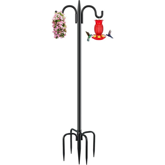 Double Shepherds Hook for Outdoor, 63 Inch Heavy Duty Bird Feeder Pole 5/8 Inch Thick Garden Hooks for Hanging Hummingbird Feeder, Plant Baskets, Solar Light Lanterns, 1 Pack